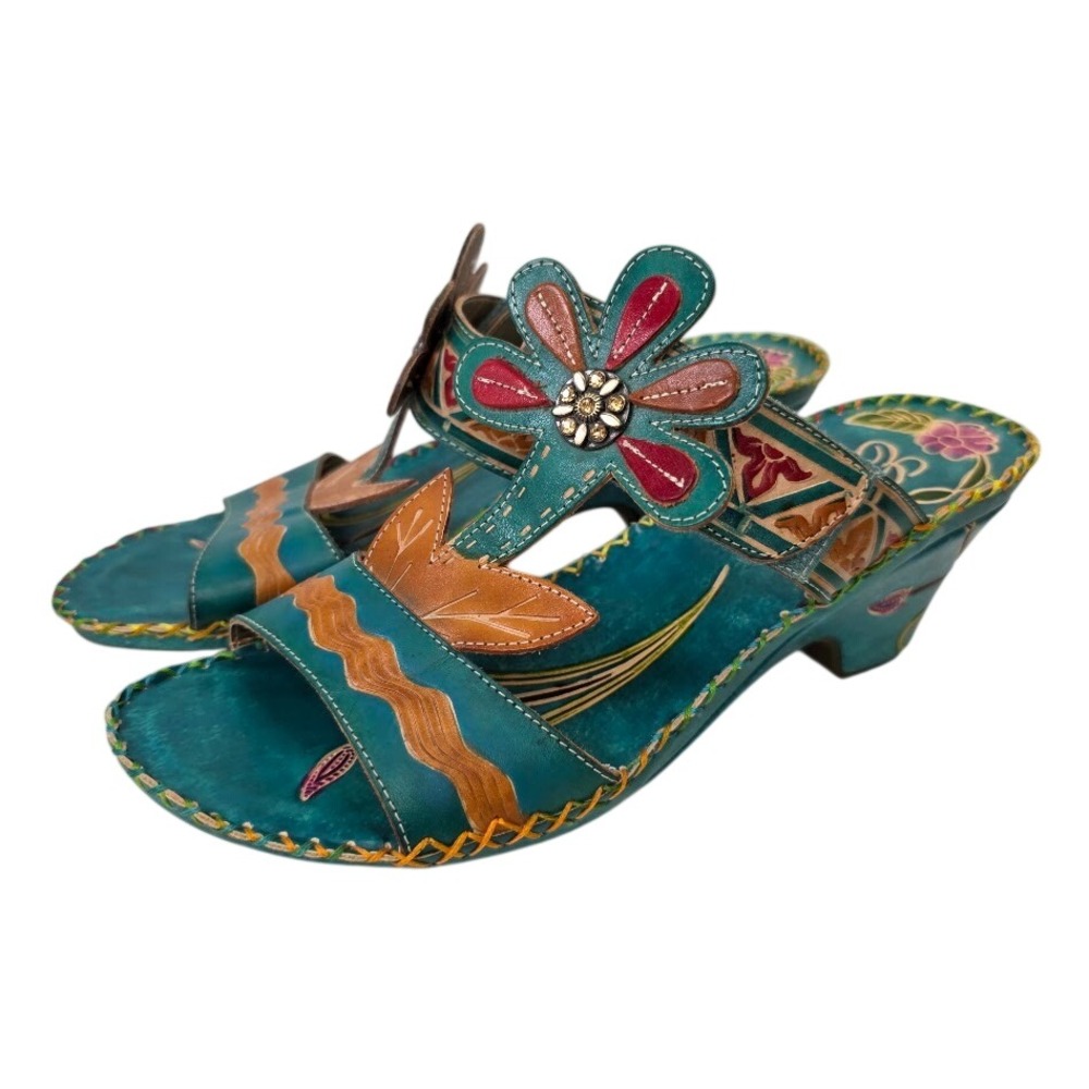 Elite by Corkys Sz 11 Poppy Wedge Sandals Teal Leather Floral Hand Painted Boho